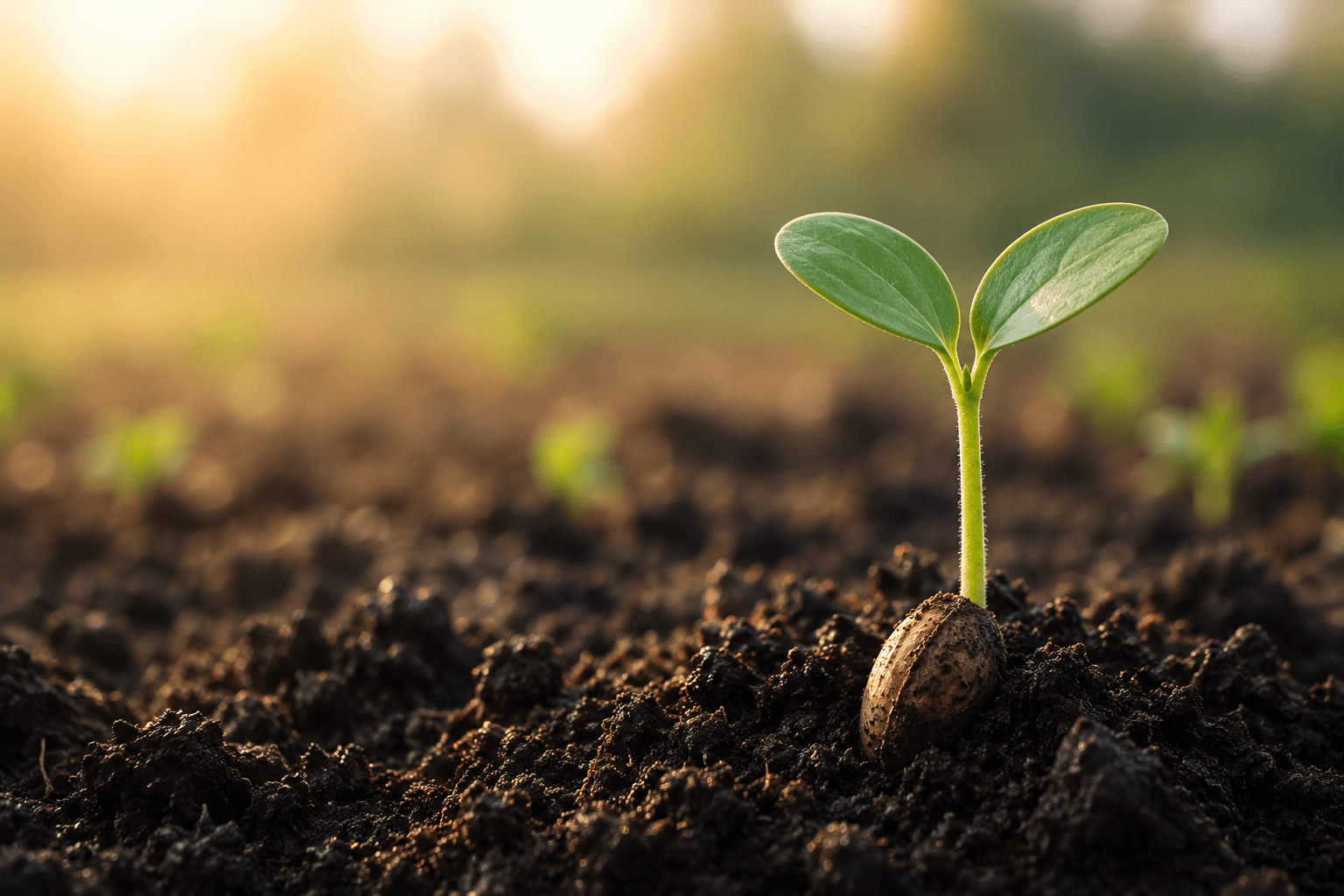 A seedling emerging from soil, backlit by early morning light